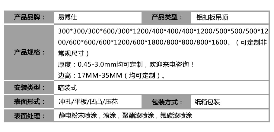 400x1200铝扣板产品参数