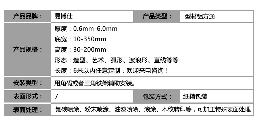 型材天花管_参数表