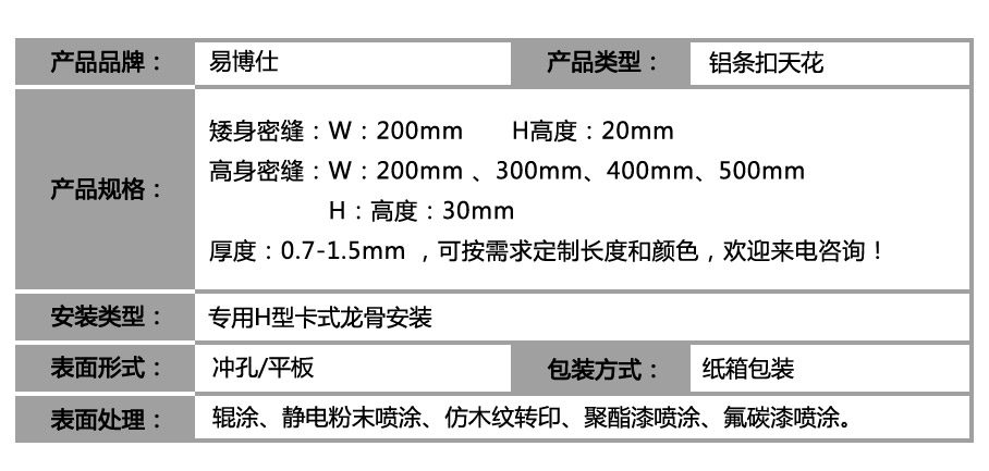 H型铝条板_参数表